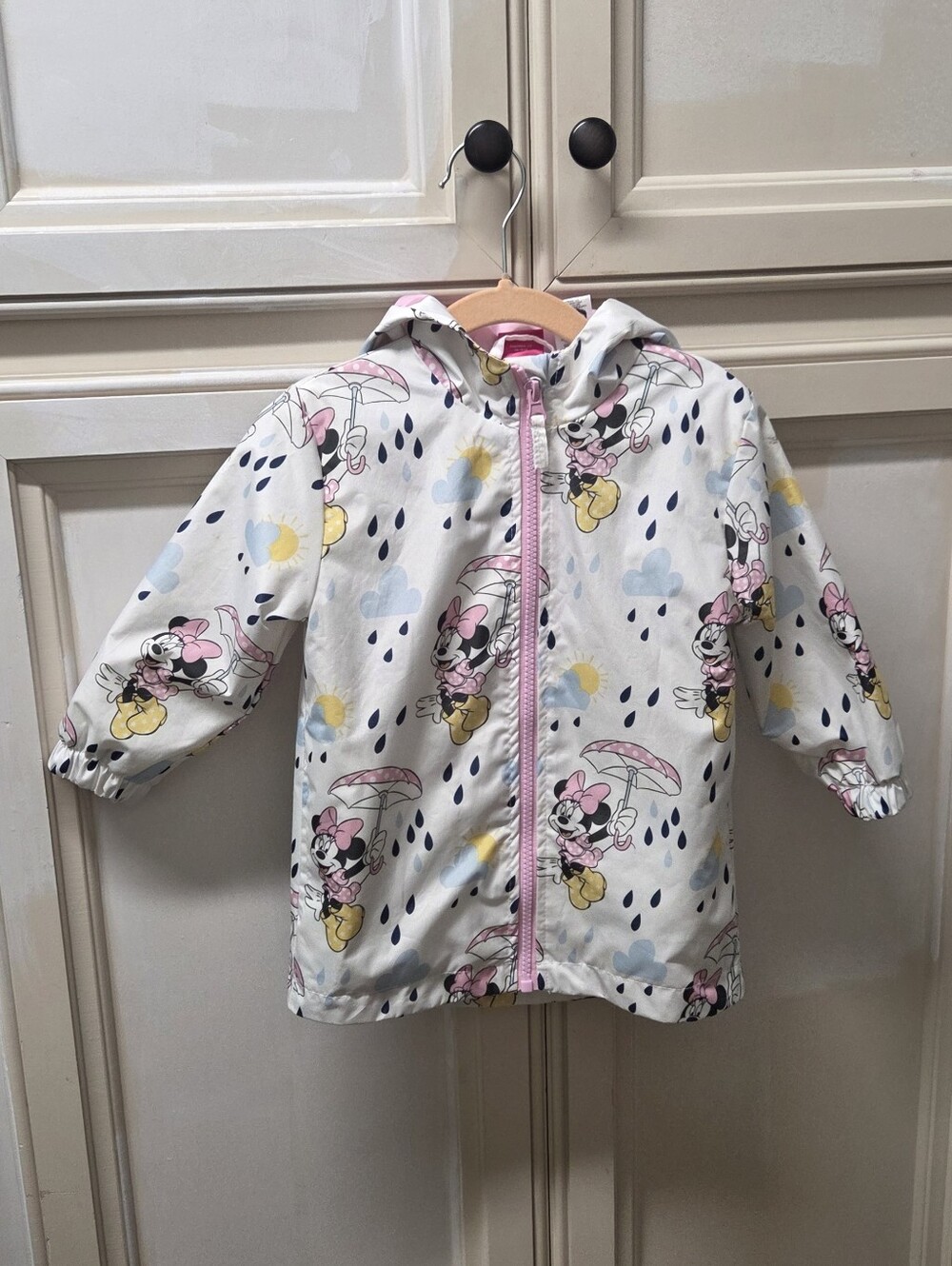 Girls Minnie Mouse Zip Up Hooded Rain Coat Jacket - Pink/White Size 2T